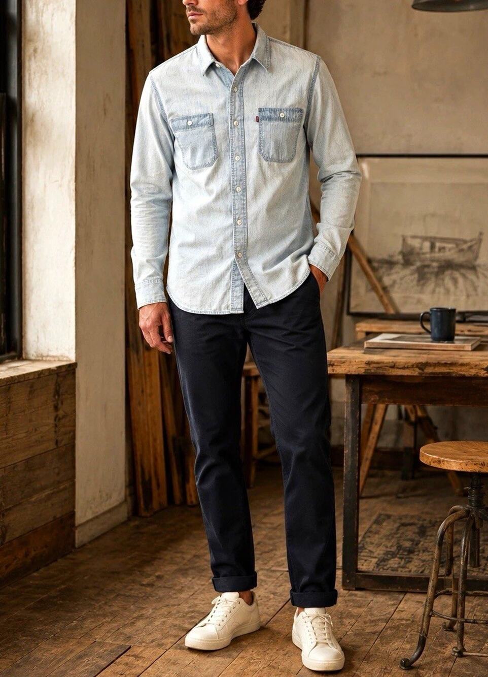 Levi’s Mens Small Light Faded Wash Chambray Button Up Shirt Long Sleeve Workwear